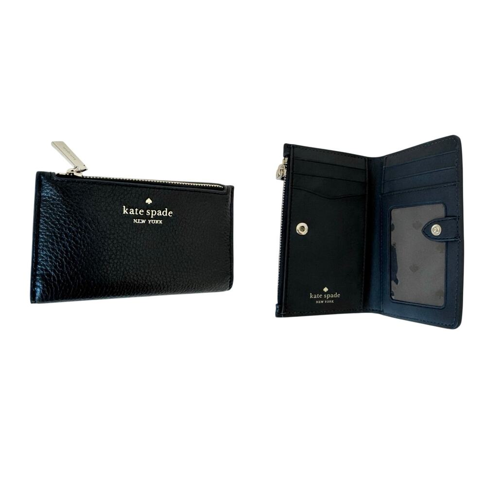 Kate Spade Leila Compact Bifold Pebble Leather Wallet Silver-Tone Hardware